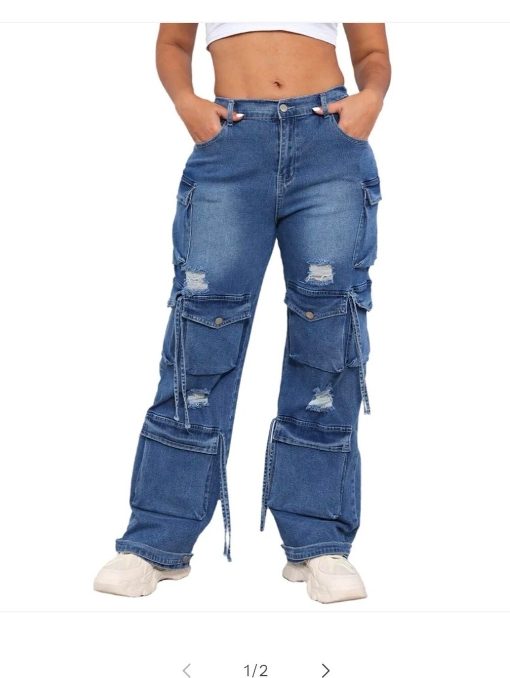 ThusFar High Waist Baggy Cargo Jeans - Distressed Blue Denim - Picture 3 of 8